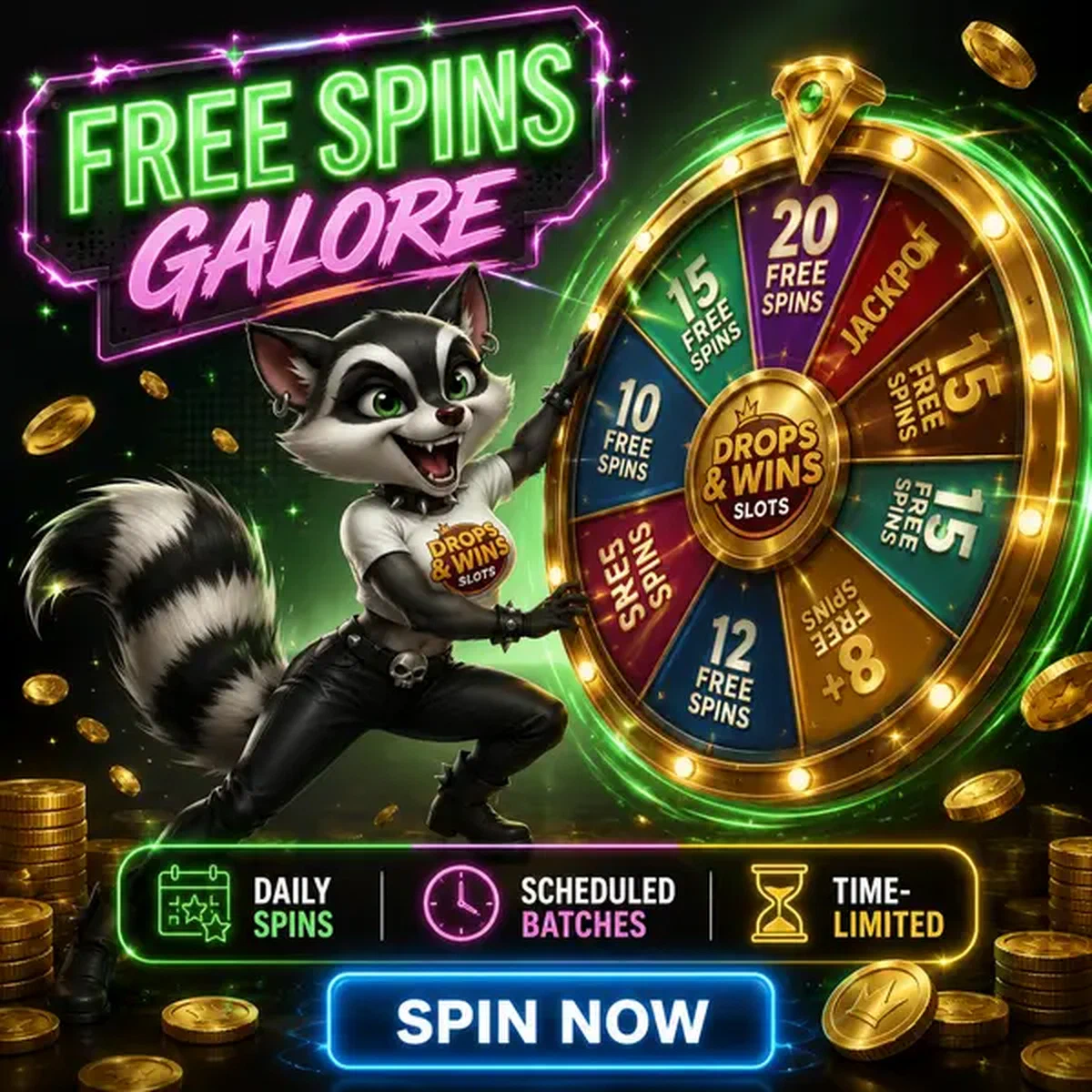 Antropomorficzny szop pracz kręcący kołem fortuny dla bonusu bez depozytu w Free Spins Games and Delivery
