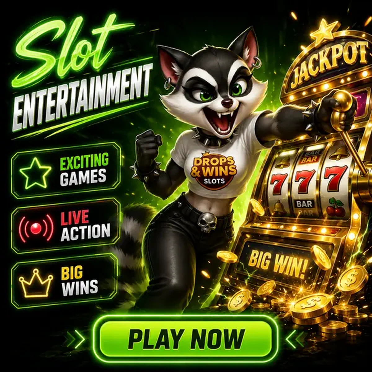 Energetic raccoon celebrating slot entertainment at Rockyspin Casino with golden machine