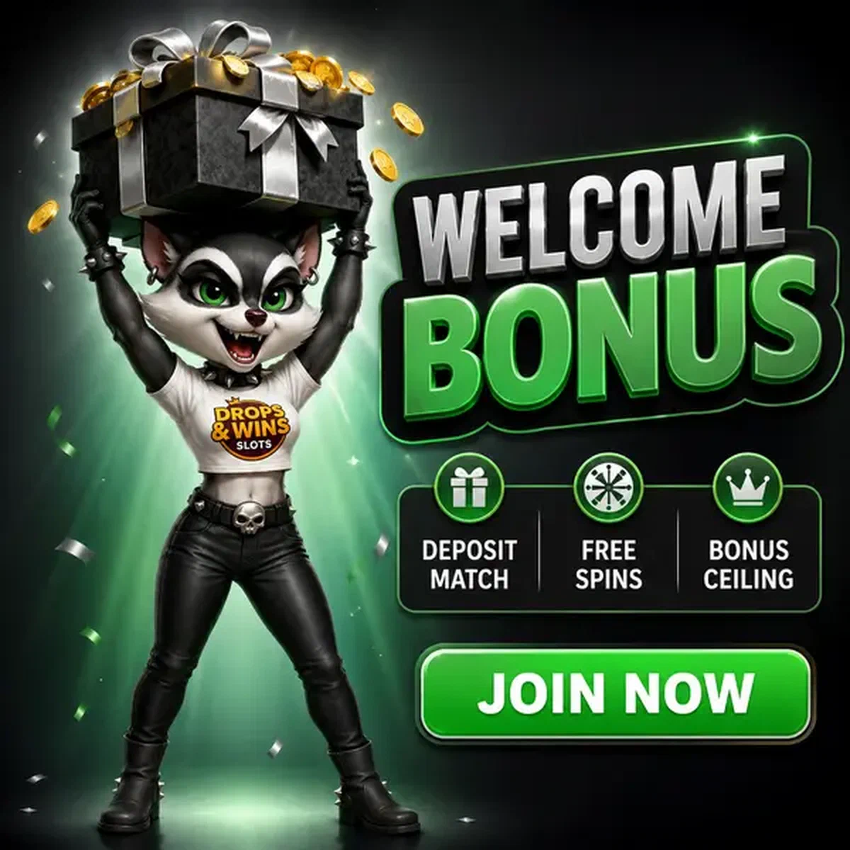 Energiczny szop trzymający pudełko z bonusem powitalnym wysoko nad głową w Rockyspin Casino