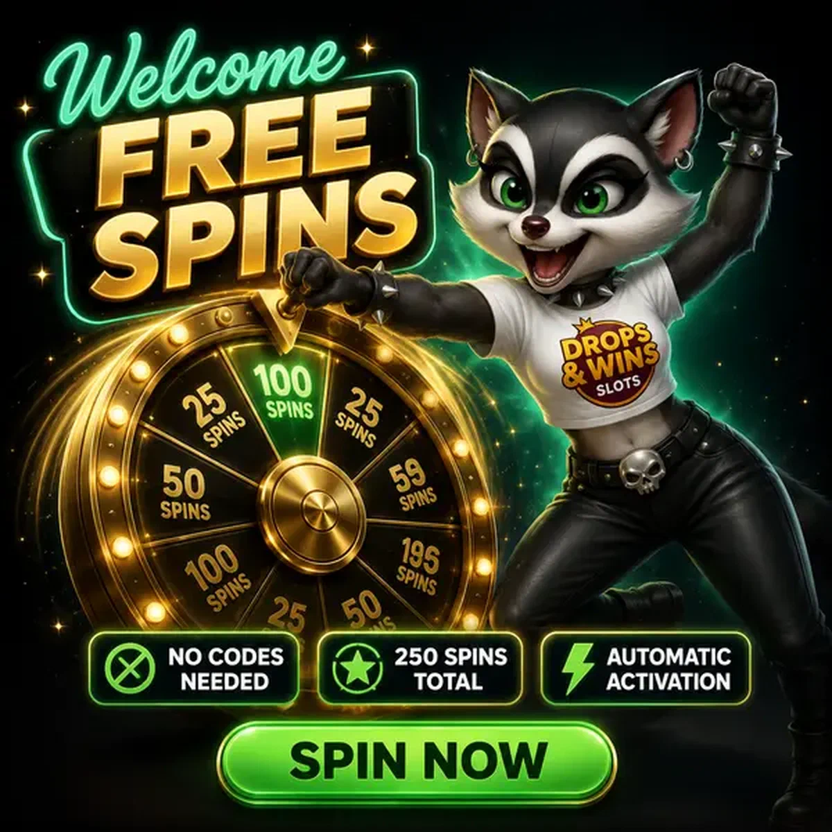 Energiczny szop grający na kole darmowych spinów w hali automatów Rockyspin Casino