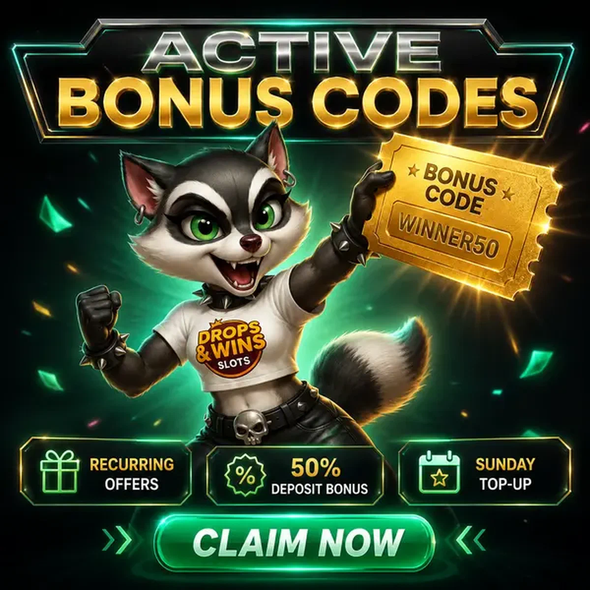 Energiczny szop ujawniający kody bonusowe w skarbcu Rockyspin Casino