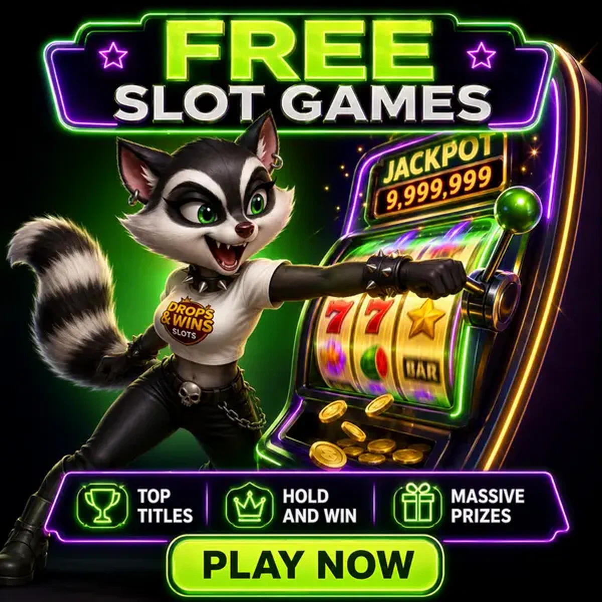 Antropomorficzny szop entuzjastycznie grający w darmowe automaty w Rockyspin Casino z wirującymi bębnami