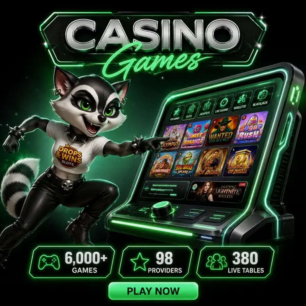 Anthropomorphic raccoon energetically reaching for neon gaming console at Rockyspin Casino Games