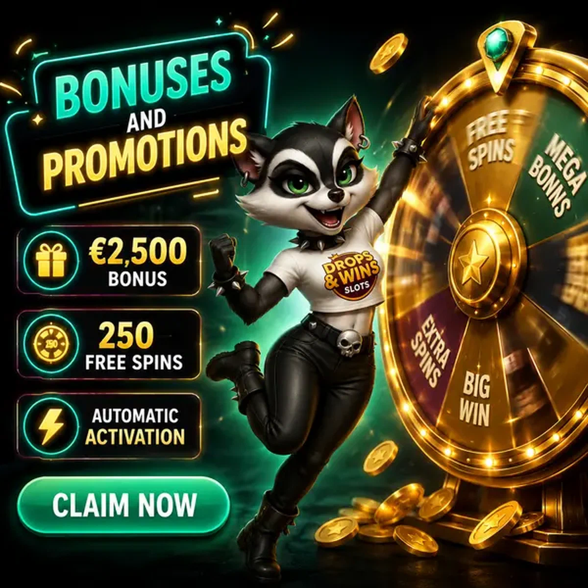 Energischer Waschbär feiert Bonusprämien bei Rockyspin Casino mit rotierendem goldenem Glücksrad