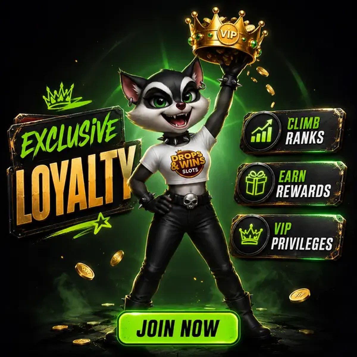 Raccoon celebrates VIP status at Rockyspin loyalty program with golden crown